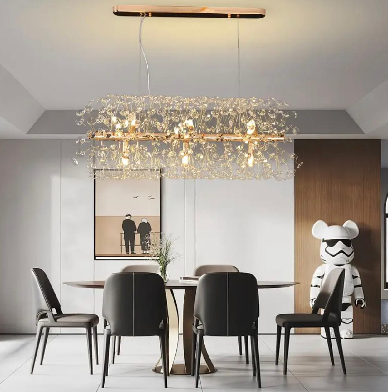 Lustre en cristal à grappes florales, design pissenlit, plafonnier de luxe doré avec 9 lignes de suspension réglables