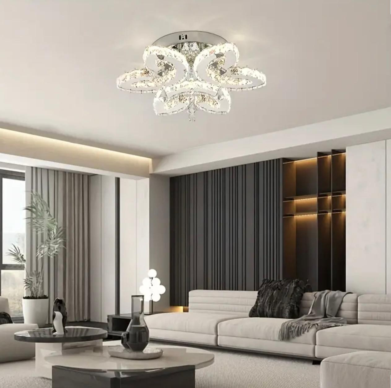 Luminaire de plafond en cristal de luxe moderne - Bandes lumineuses LED 3 couleurs, montage semi