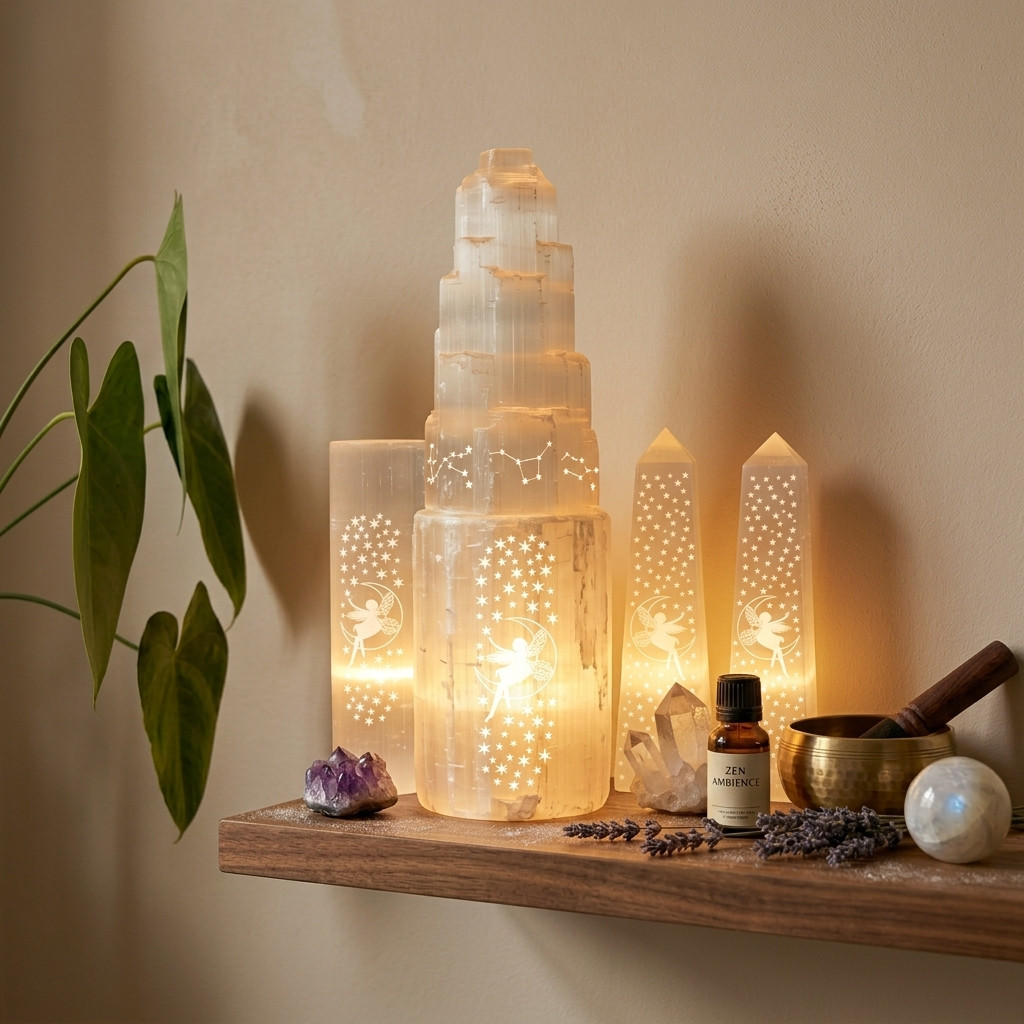 Lampe Sélénite Gravée Lune & Fée