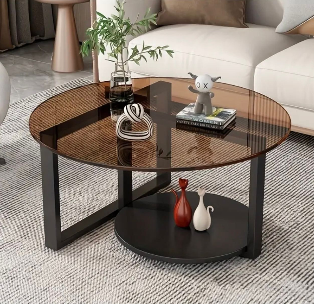 1 table basse ronde minimaliste moderne en verre - Acier inoxydable noir avec plateau en verre trempé