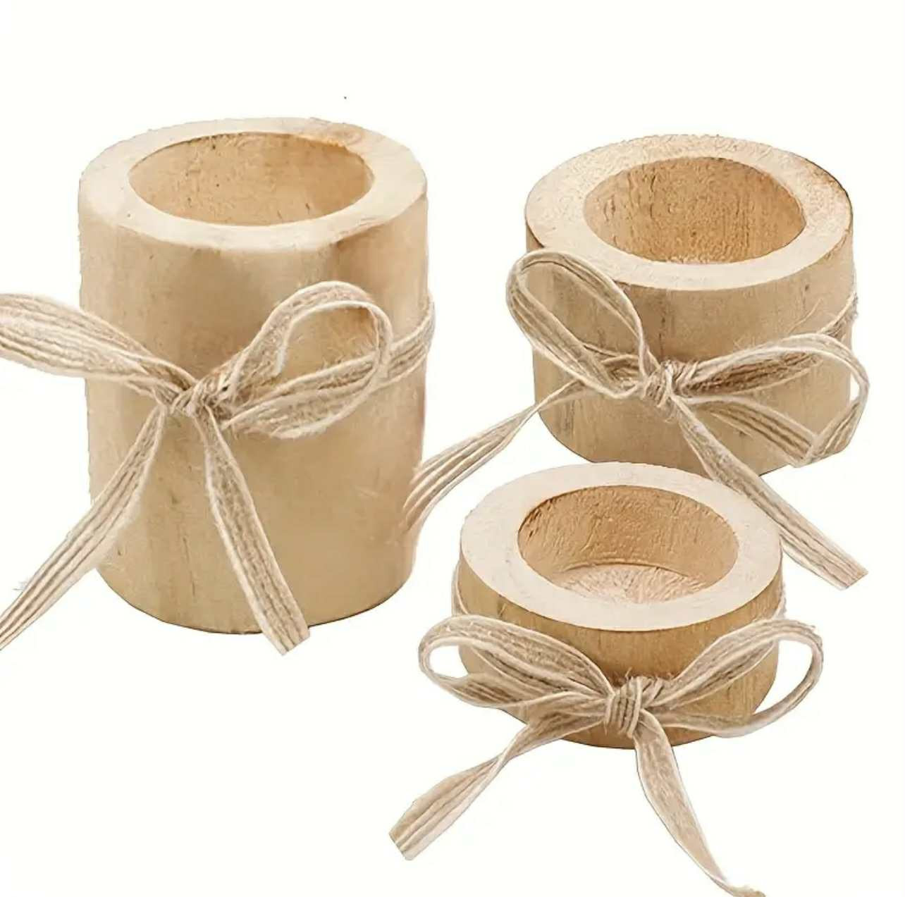 Lot de 3 bougeoirs en bois avec ou sans bougies - Motif arbre rustique, finition bois naturel - Image 1