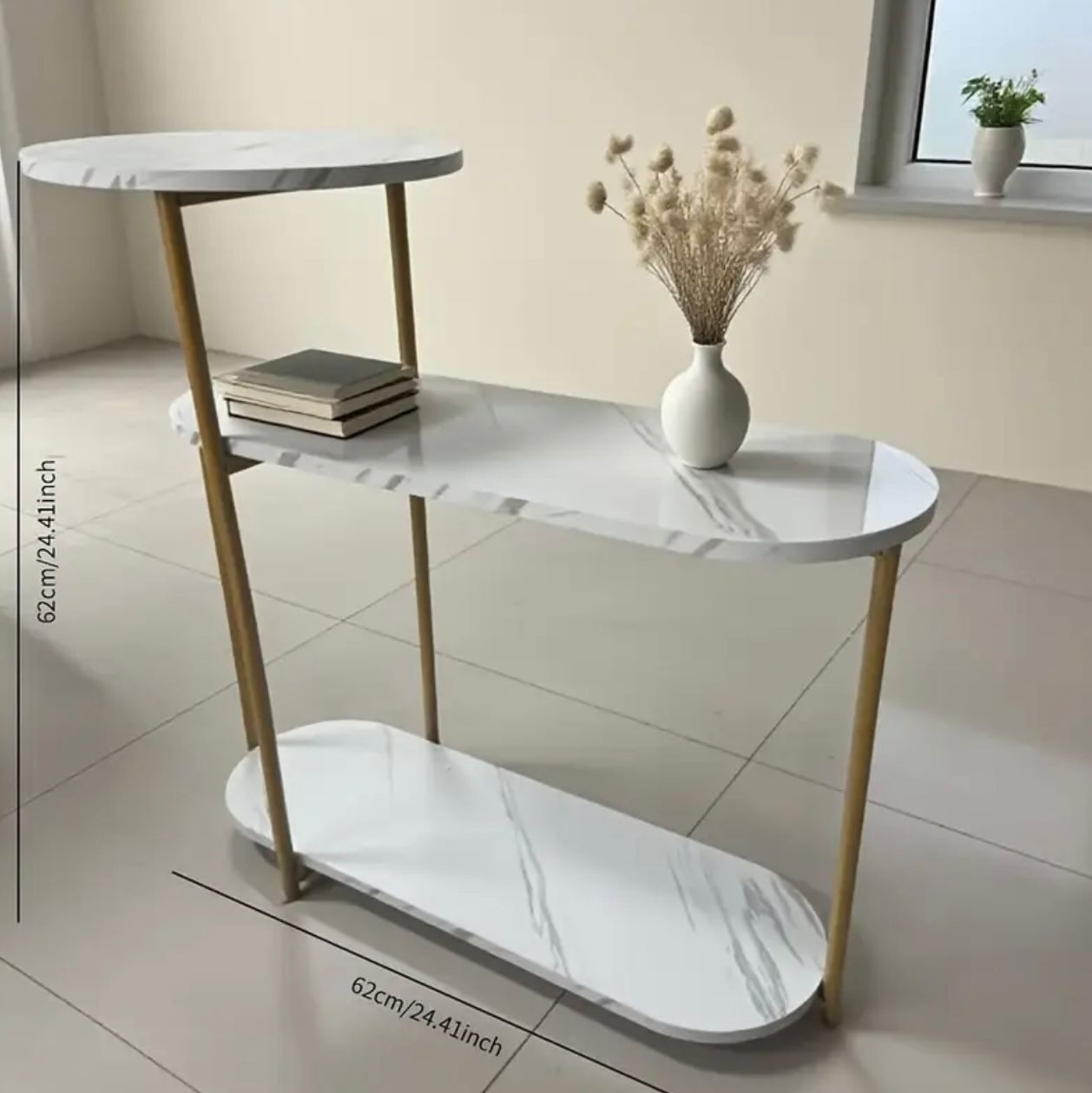 table basse multicouche moderne avec surface à motif en marbre blanc et pieds en métal doré, table d'appoint de canapé contemporaine, espace de rangement à trois niveaux - Image 3