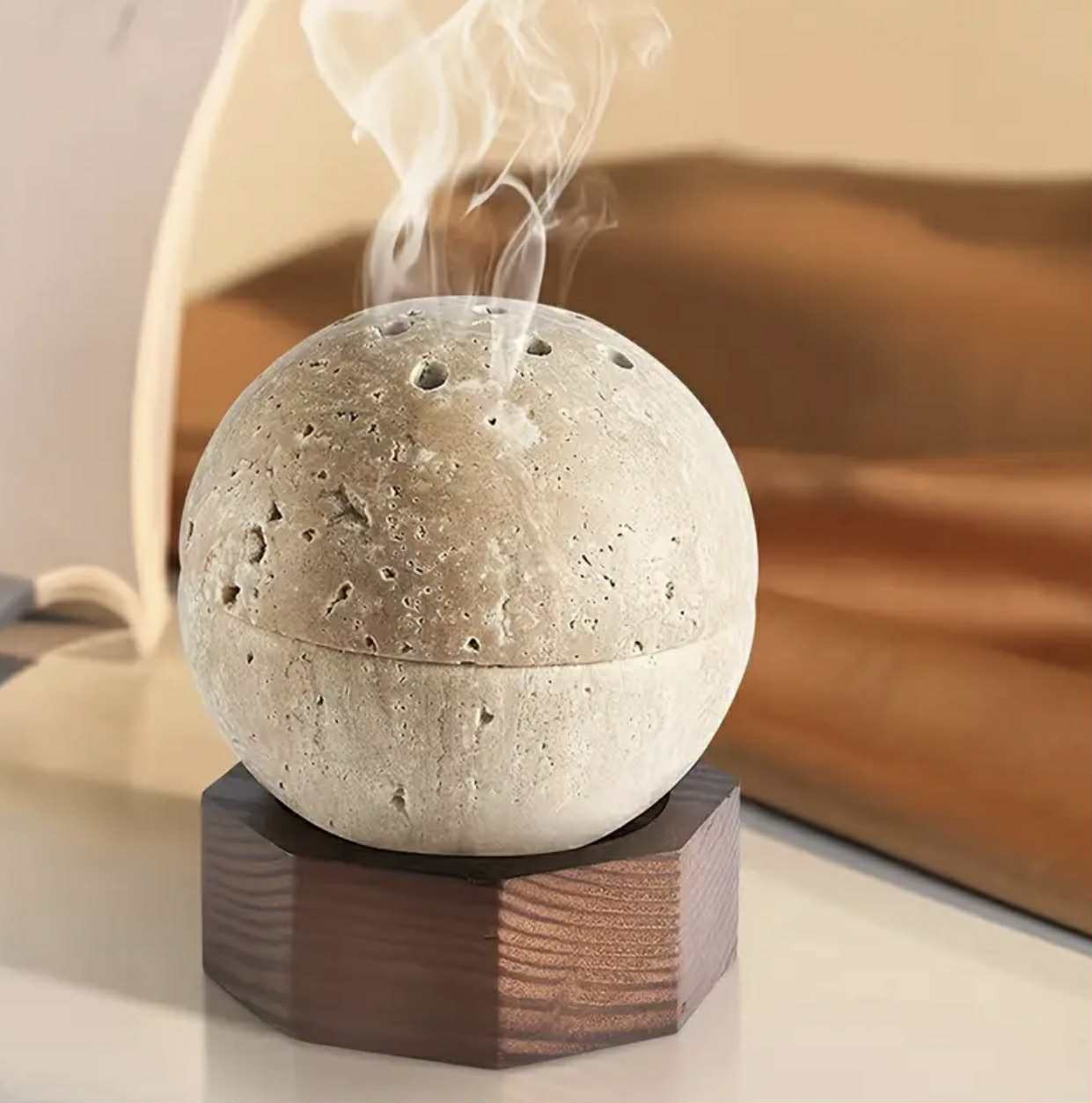 Brûle-encens en travertin naturel, 1 pièce, sphère ronde faite à la main avec support hexagonal en bois