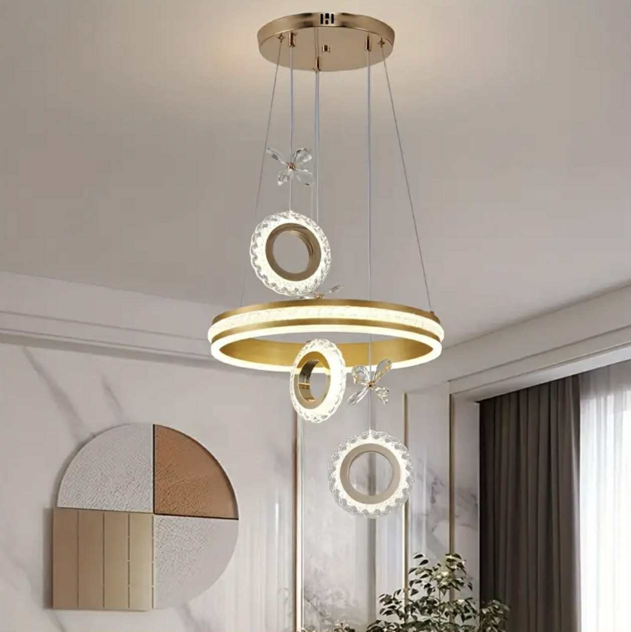 Lustre suspendu moderne de style nordique - Design géométrique élégant, abat-jour arqué à intensité variable, montage semi-encastré - Image 1
