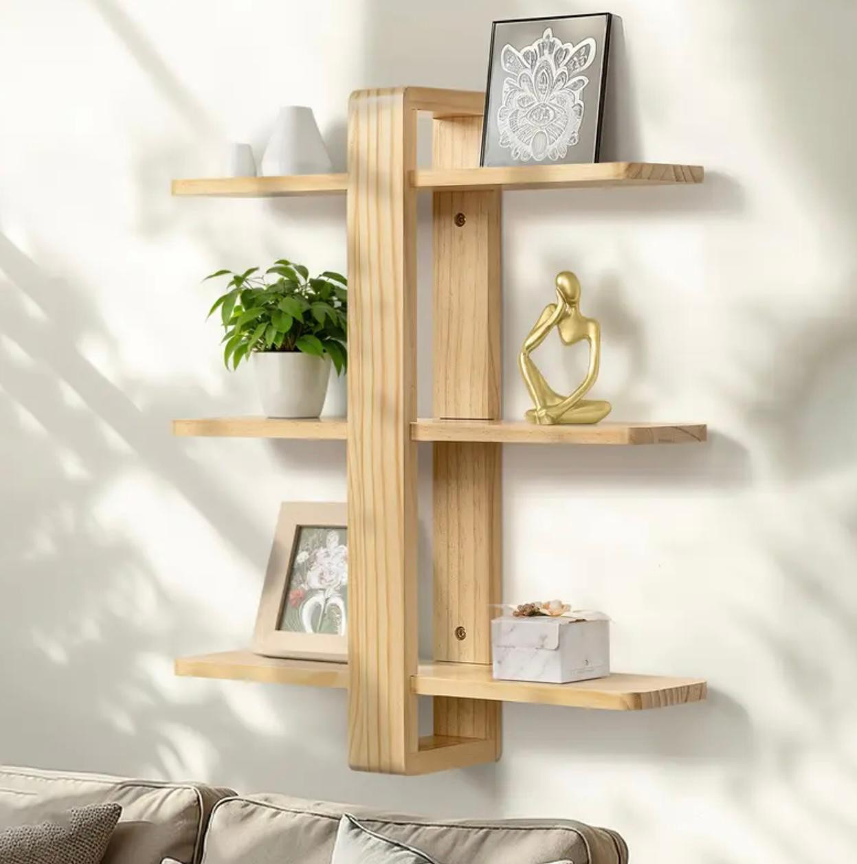 1pc Étagère flottante murale à 3 niveaux - Étagère de rangement en bois avec supports dorés