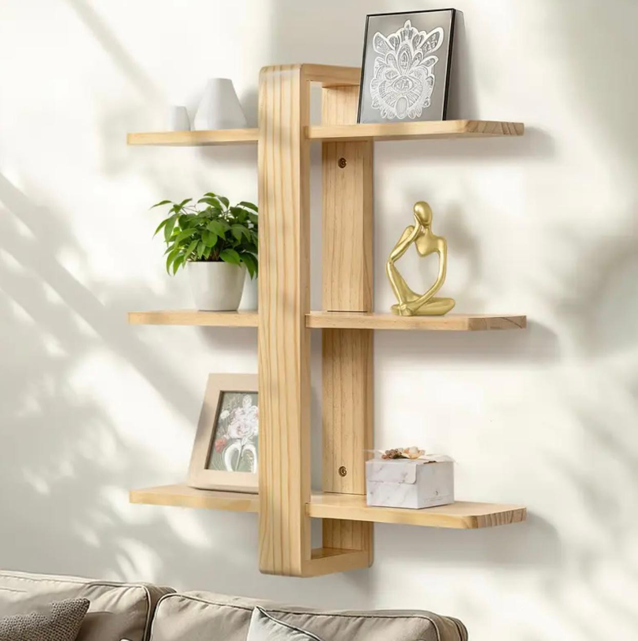 1pc Étagère flottante murale à 3 niveaux - Étagère de rangement en bois avec supports dorés - Image 1