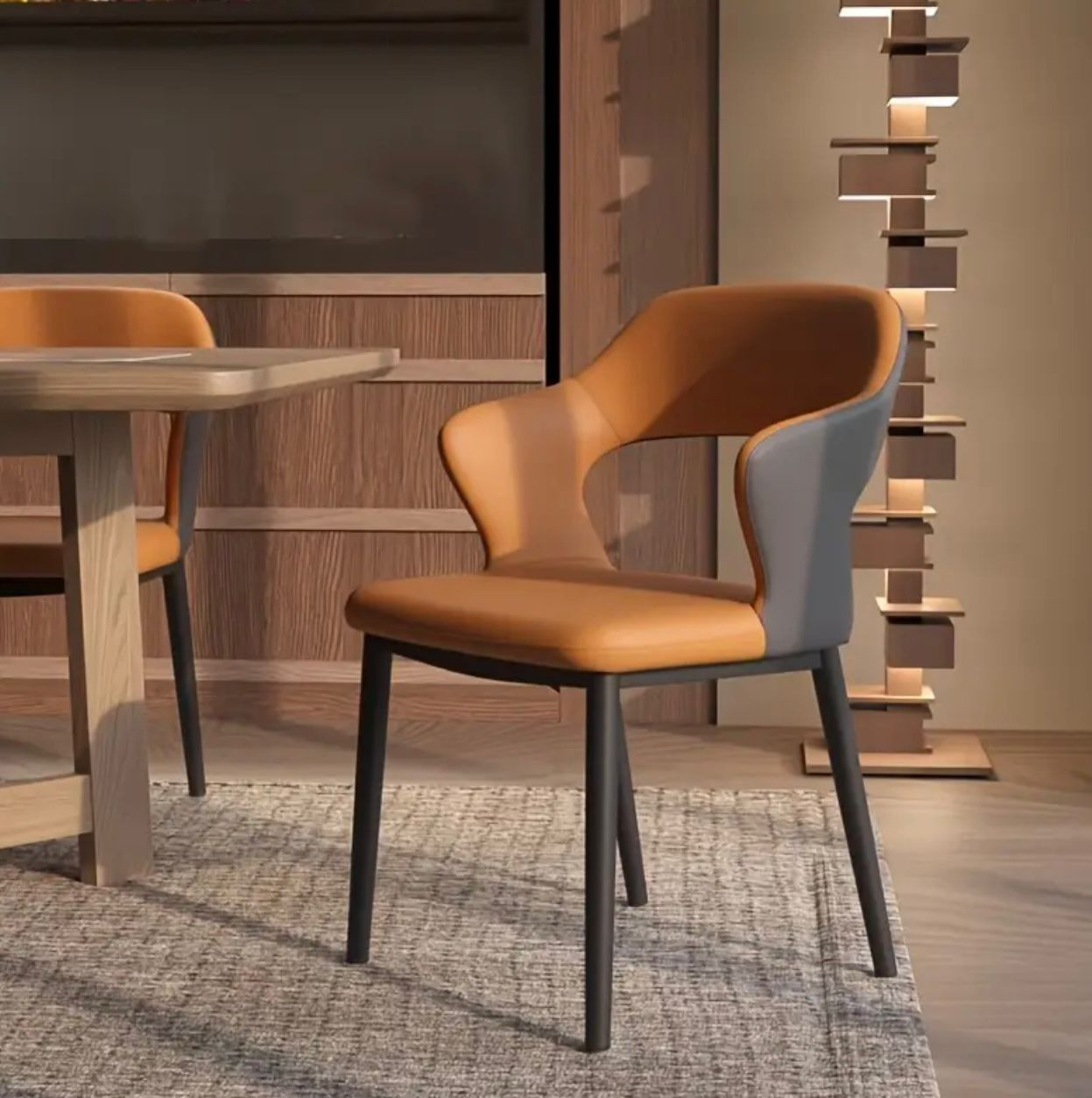 1pc Chaise de salle à manger en cuir d'inspiration française avec coussin en éponge