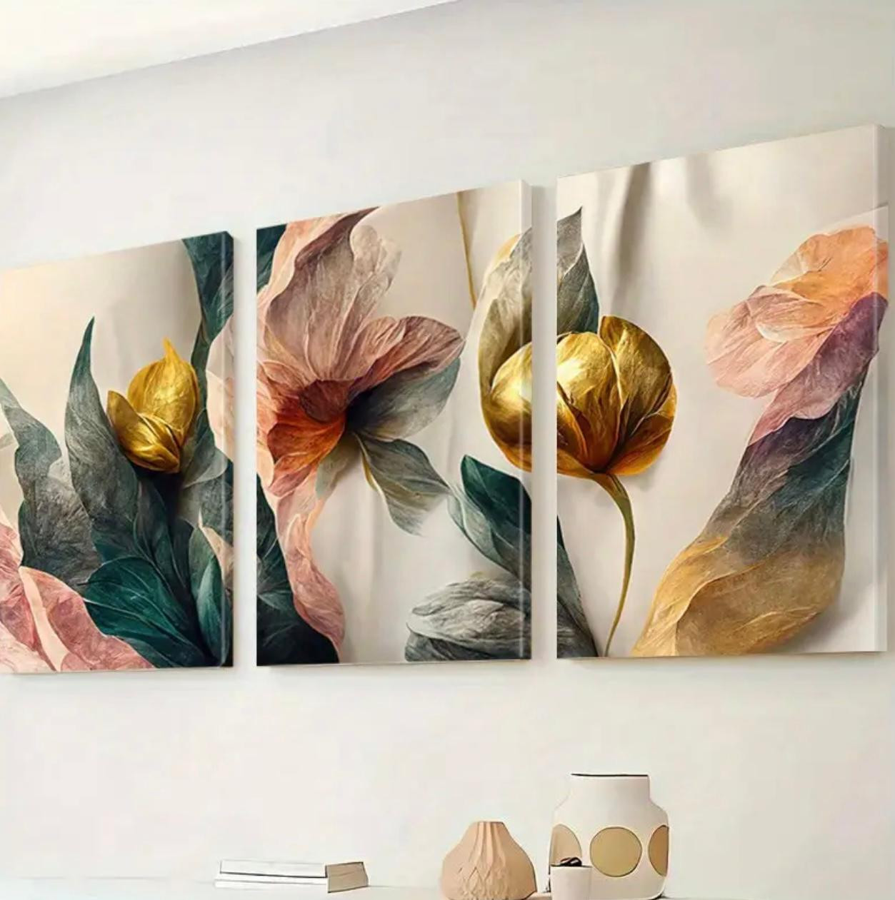 3pcs Art mural de fleurs encadrées, Fleurs et feuilles Oeuvres décoratives, Peintures d'art sur toile de fleurs en métal - Image 3