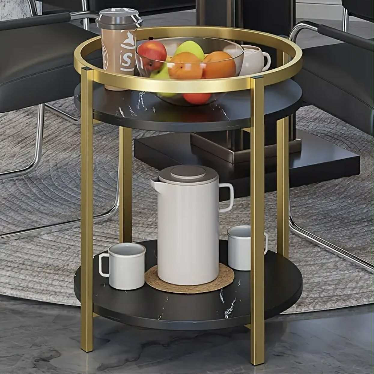 Table d'appoint ronde moderne à deux niveaux avec pieds dorés - Image 3