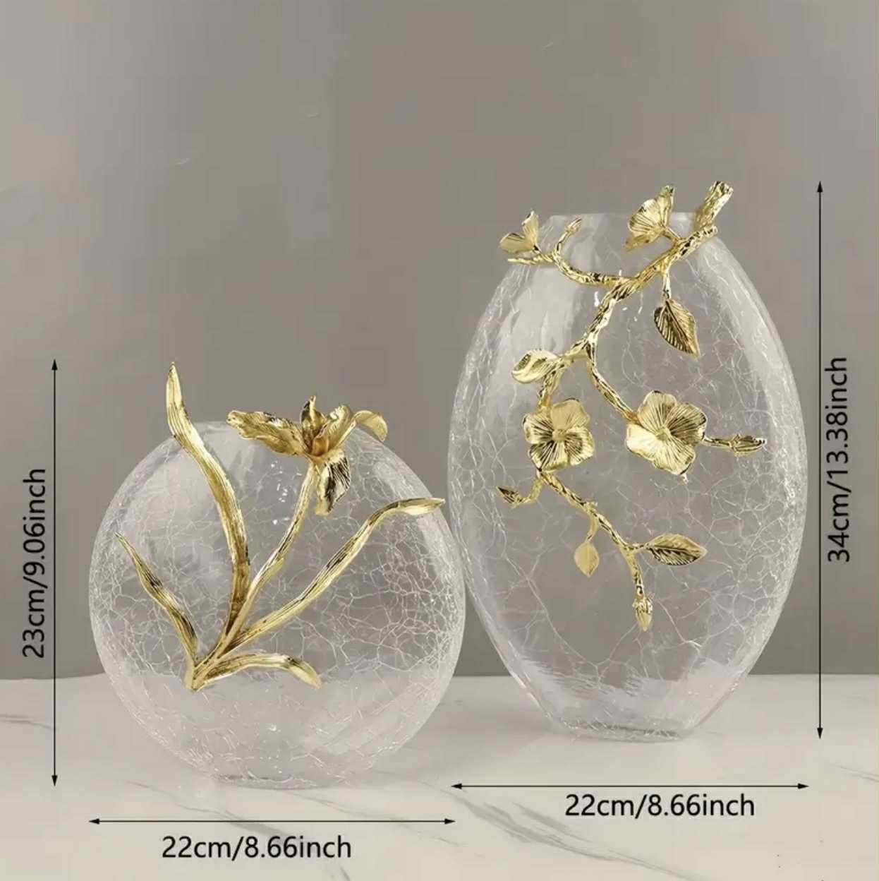 1pc Vase en Verre Craquelé Bohème avec Accents Métalliques Dorés - Vase Hydroponique Rond et Ovale - Image 2