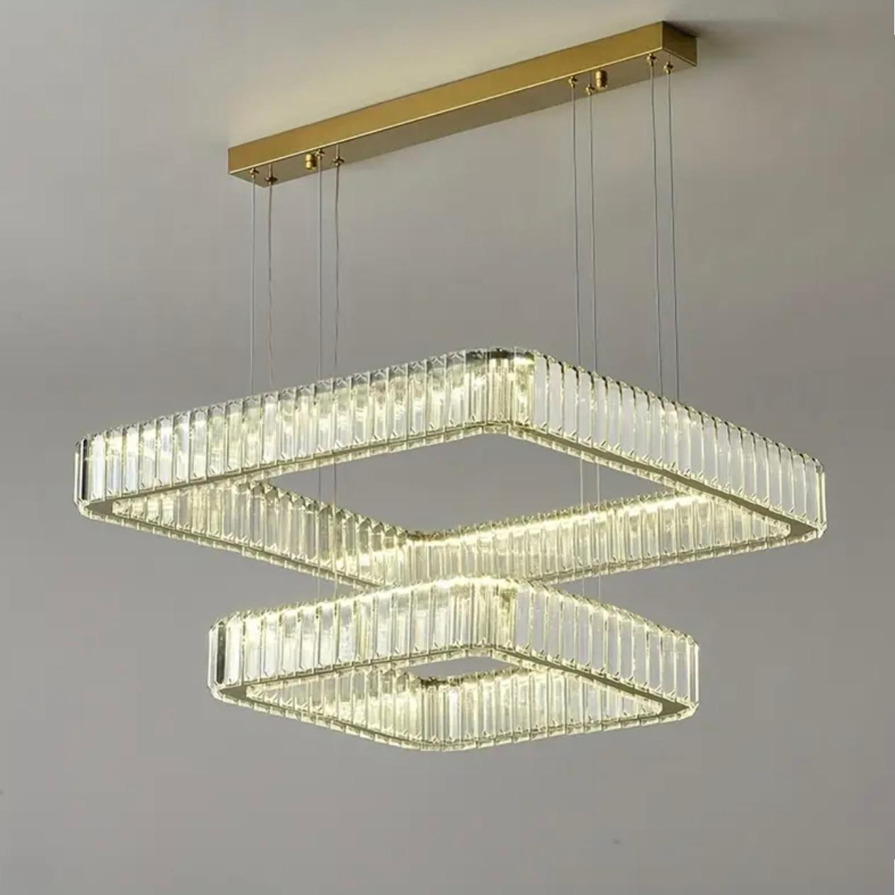 Lustre moderne en cristal à double anneau de luxe avec gradation LED tricolore. Pas d'interrupteur ni de télécommande inclus - Image 2