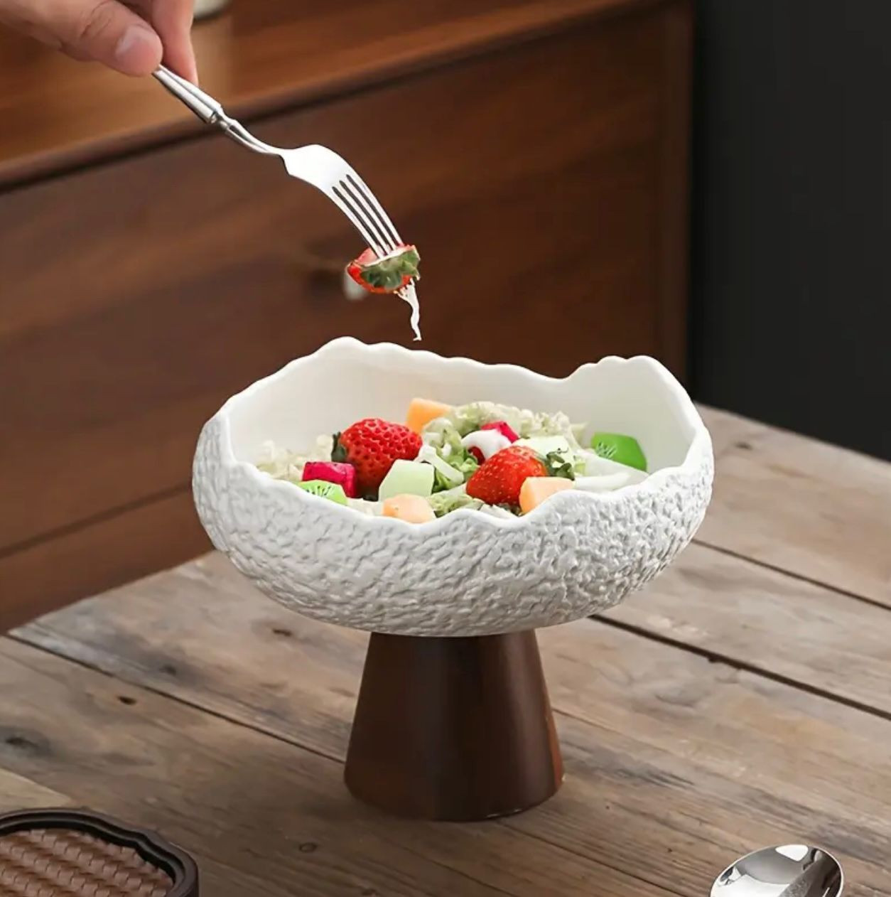 1pc grand bol à gâteau et à salade avec base en bois - Image 2
