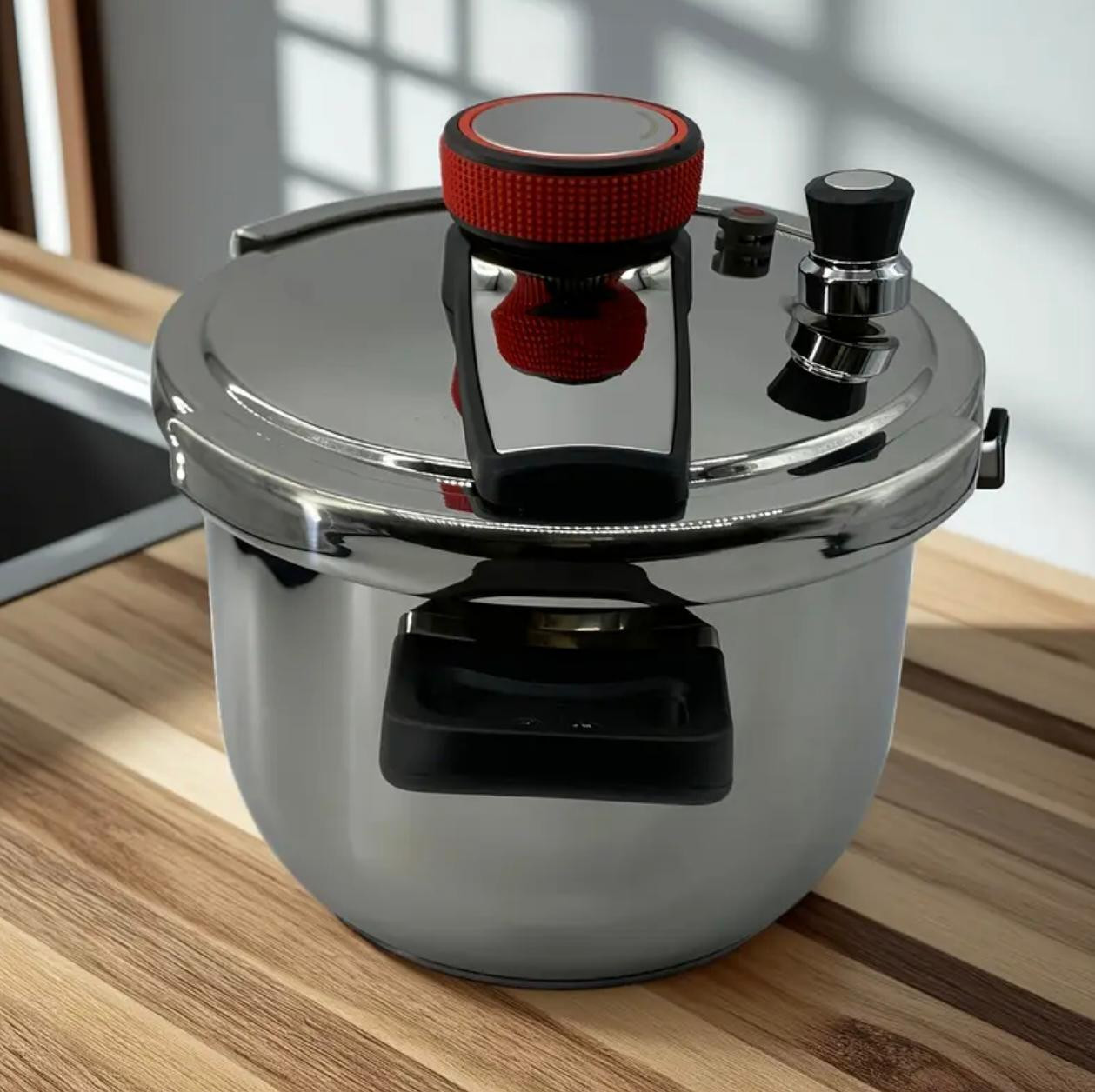Pot d'autocuiseur en acier inoxydable robuste de 9L avec couvercle rotatif et poignées rouges ergonomiques - Image 2