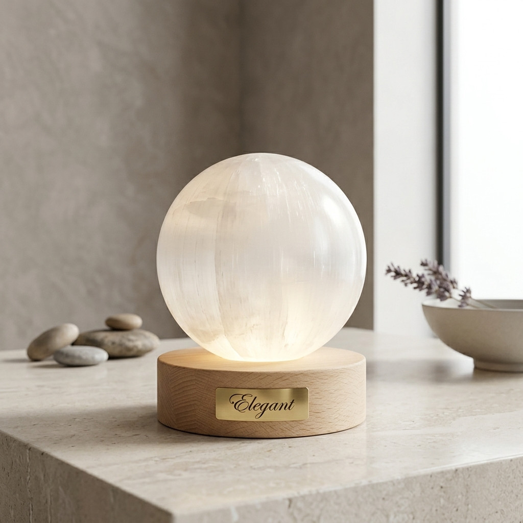 Sphère en Sélénite sur Socle Bois