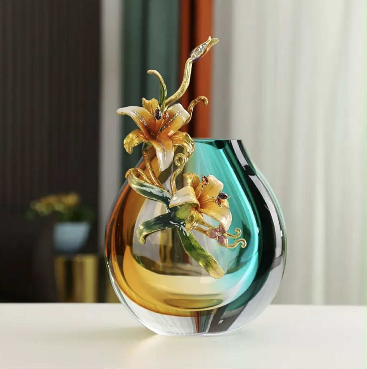 Élégant mini vase en verre avec motif floral en émail - Parfait pour décorer un salon ou une salle à manger, style contemporain - Image 1