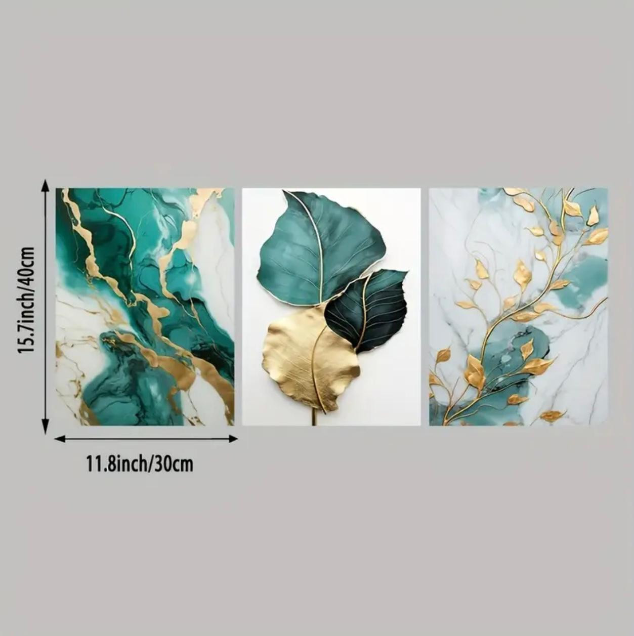 3pcs Affiches abstraites sur toile de marbre floral, impressions d'art de feuille d'or à rayures vertes, décoration murale encadrée - Image 4