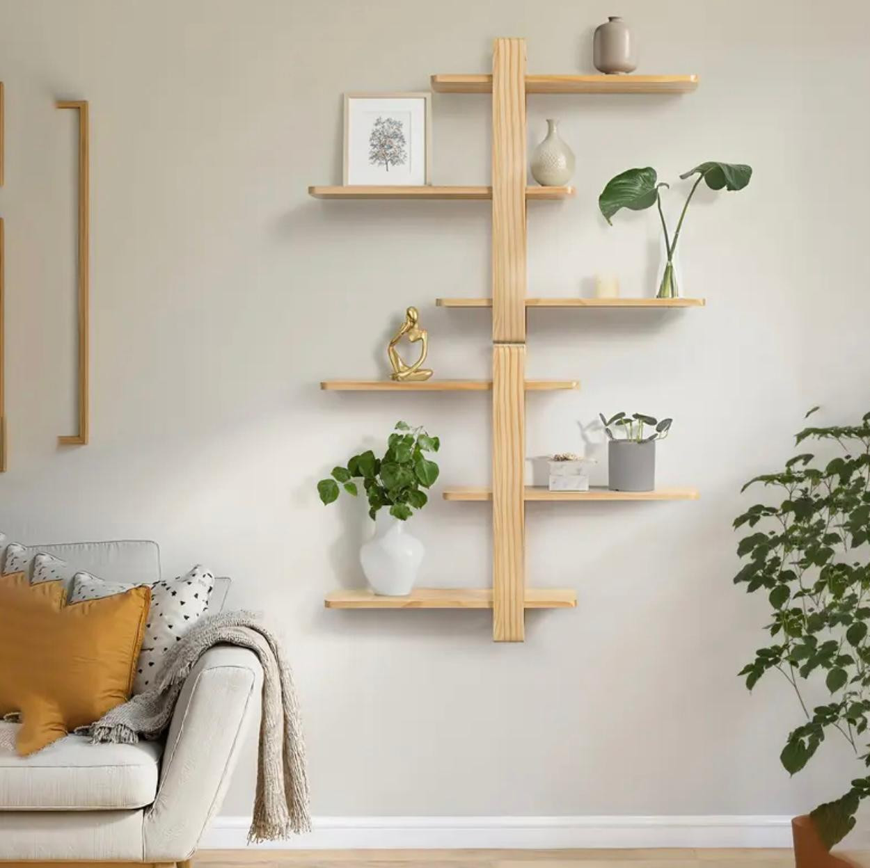 1pc Étagère flottante murale à 3 niveaux - Étagère de rangement en bois avec supports dorés - Image 2