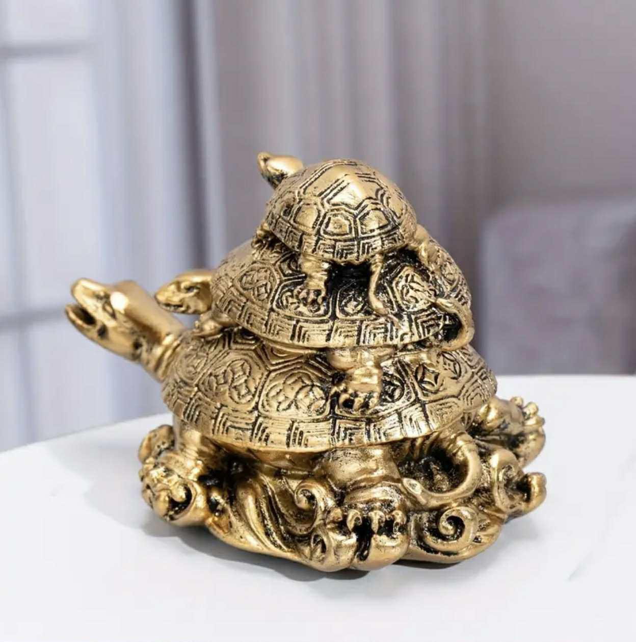 1pc Décoration Feng Shui de tortue de trois générations en résine dorée pour la longévité et la protection - Image 3