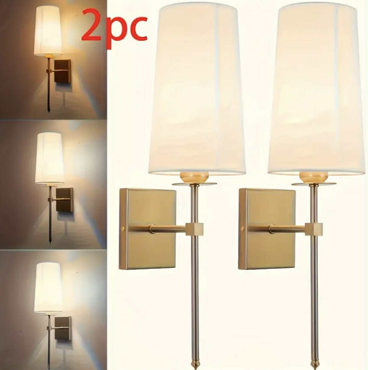 2 lampes murales vintage modernes et élégantes avec des abat-jour en tissu blanc - Image 3