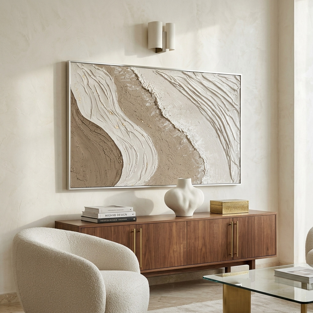 Tableau abstrait texturé beige et blanc