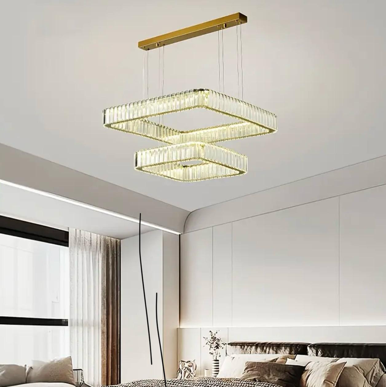 Lustre moderne en cristal à double anneau de luxe avec gradation LED tricolore. Pas d'interrupteur ni de télécommande inclus