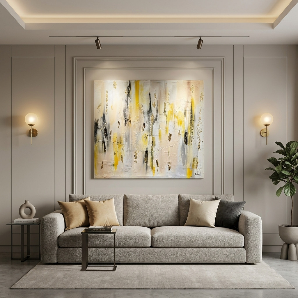 Tableau abstrait contemporain blanc, jaune et noir