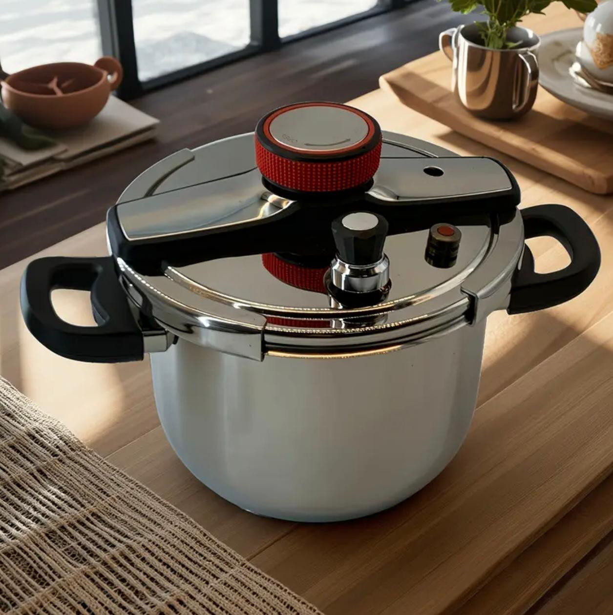 Pot d'autocuiseur en acier inoxydable robuste de 9L avec couvercle rotatif et poignées rouges ergonomiques