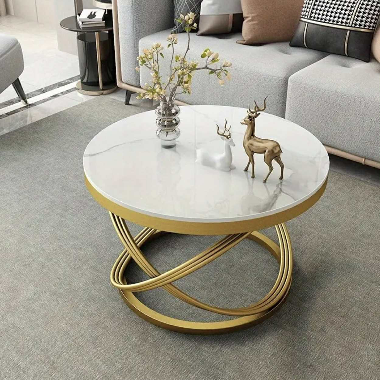 Table basse ronde contemporaine en pierre avec base en métal doré - Design compact pour petits espaces, idéal pour les appartements, les salons et l'extérieur - Image 2