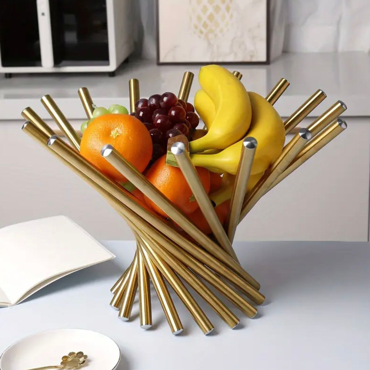 1pc Panier de fruits en acier inoxydable doré créatif de luxe, bol de rangement décoratif pour la décoration - Image 1