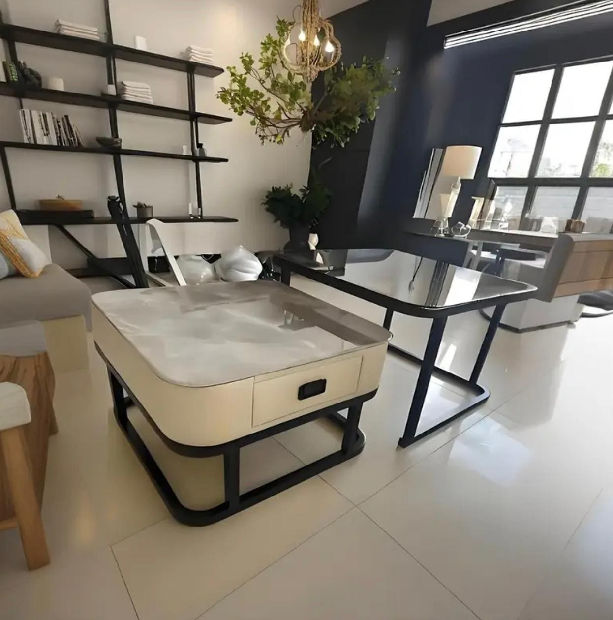 Table basse modulaire de luxe avec cadre industriel en métal - Plateau en verre résistant aux rayures et meuble TV à texture marbre, meubles modernes compacts - Image 2