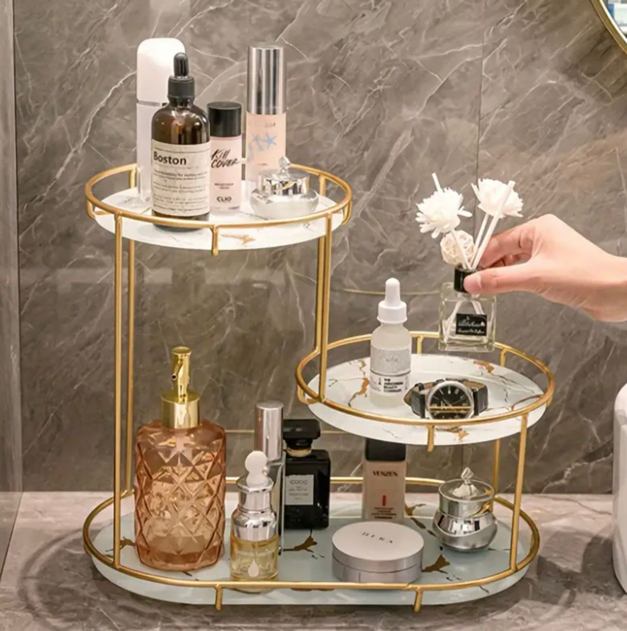 1pc Organisateur de comptoir de salle de bain doré - Support de rangement cosmétique en acier inoxydable avec étagère en marbre