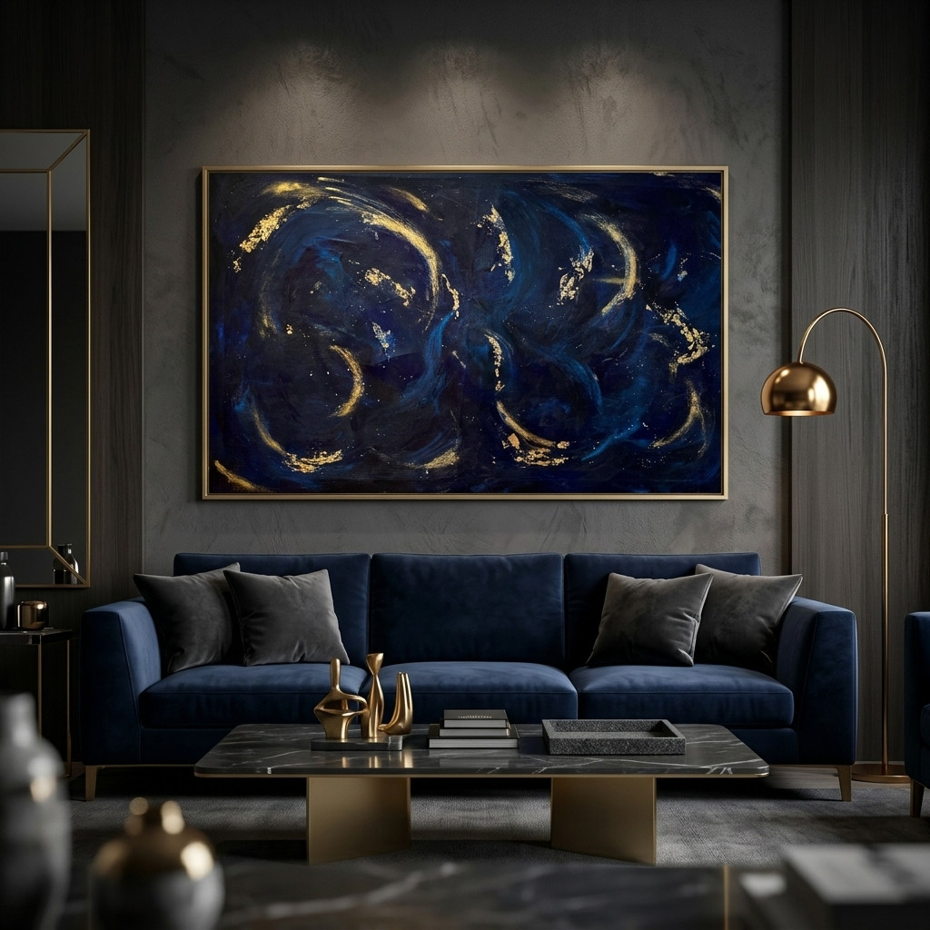 Tableau abstrait bleu nuit et doré
