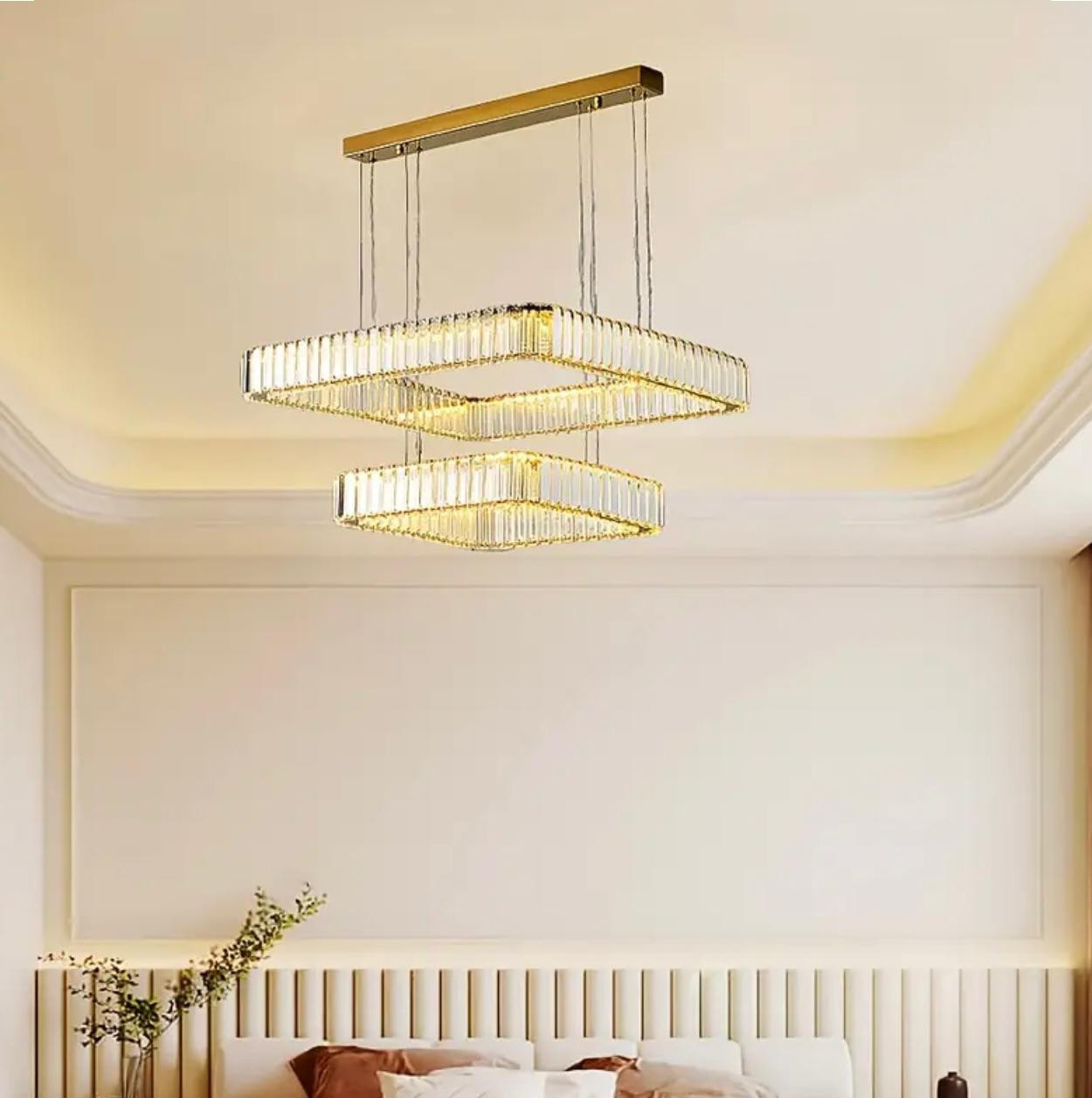 Lustre moderne en cristal à double anneau de luxe avec gradation LED tricolore. Pas d'interrupteur ni de télécommande inclus - Image 3