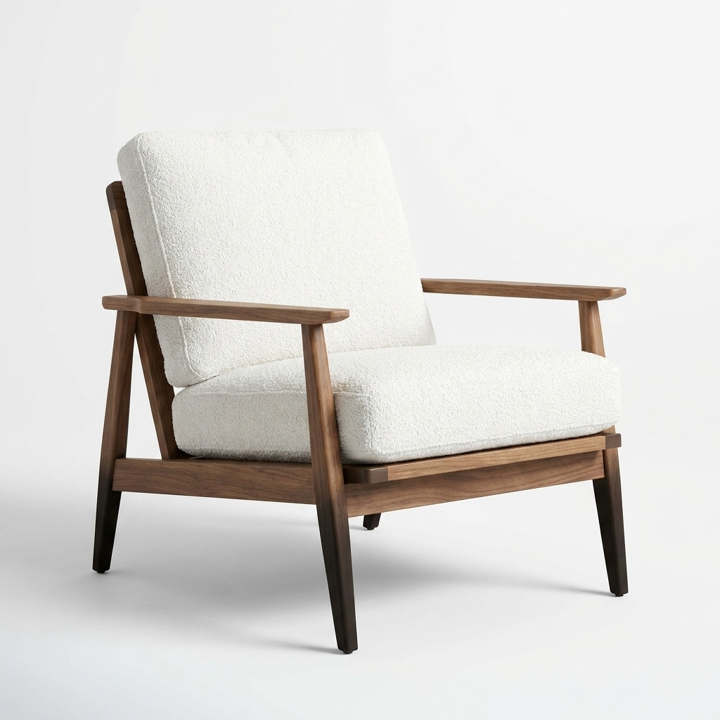 Fauteuil lounge en bois noyer avec coussins blancs