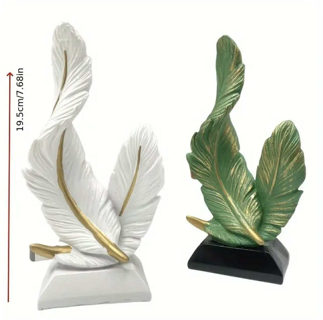 Sculptures de plumes abstraites - Décoration murale en résine blanche et verte avec des accents dorés - Image 1
