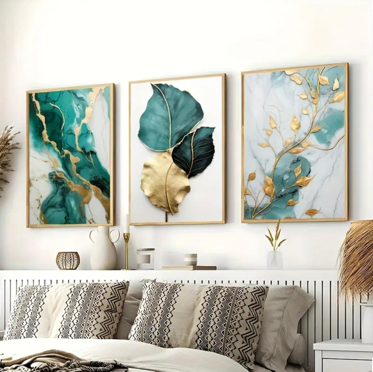 3pcs Affiches abstraites sur toile de marbre floral, impressions d'art de feuille d'or à rayures vertes, décoration murale encadrée - Image 3