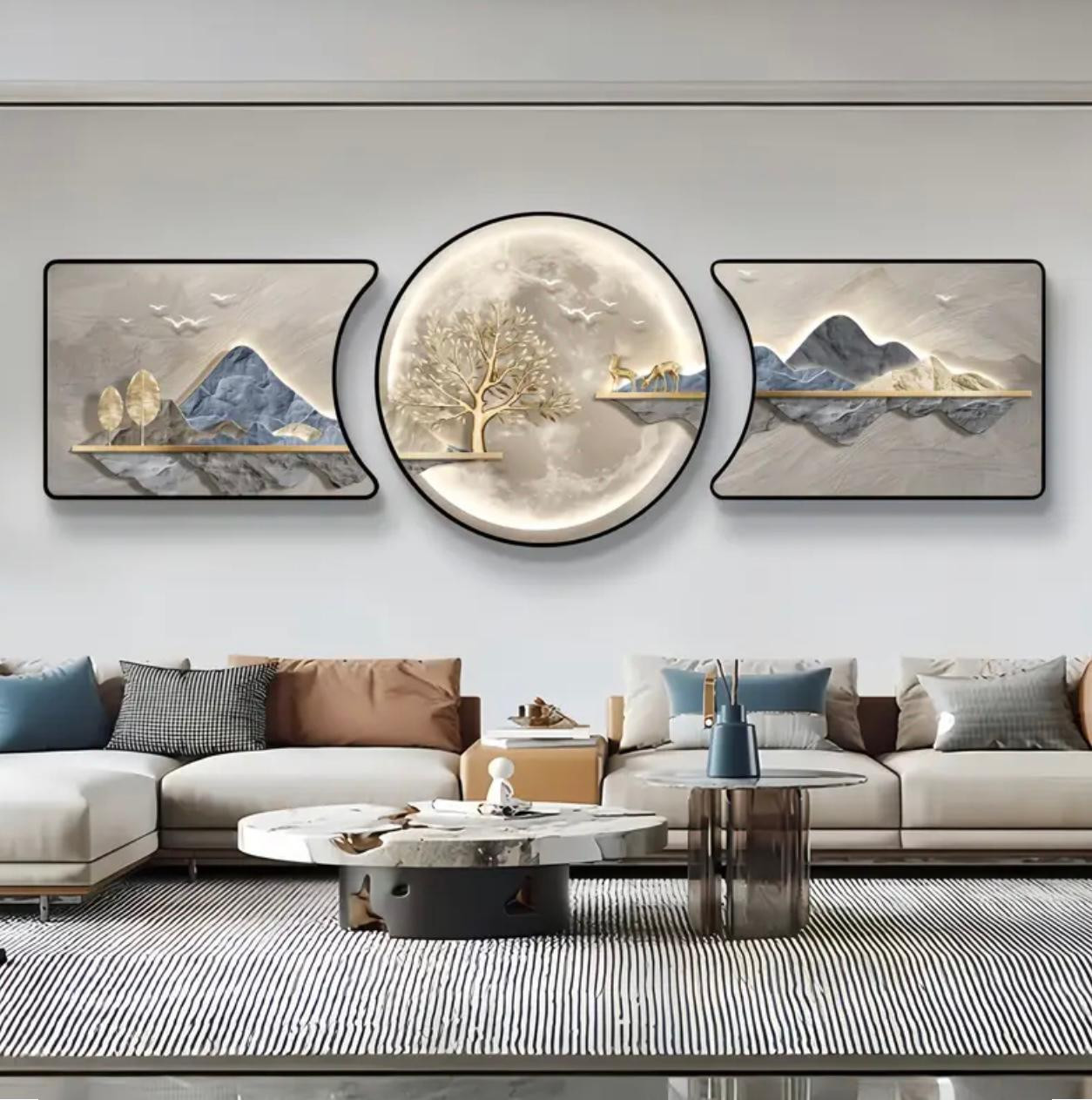 Ensemble d'art mural de paysage abstrait moderne 3pcs - Haute qualité, PVC et résine encadrés - Image 2