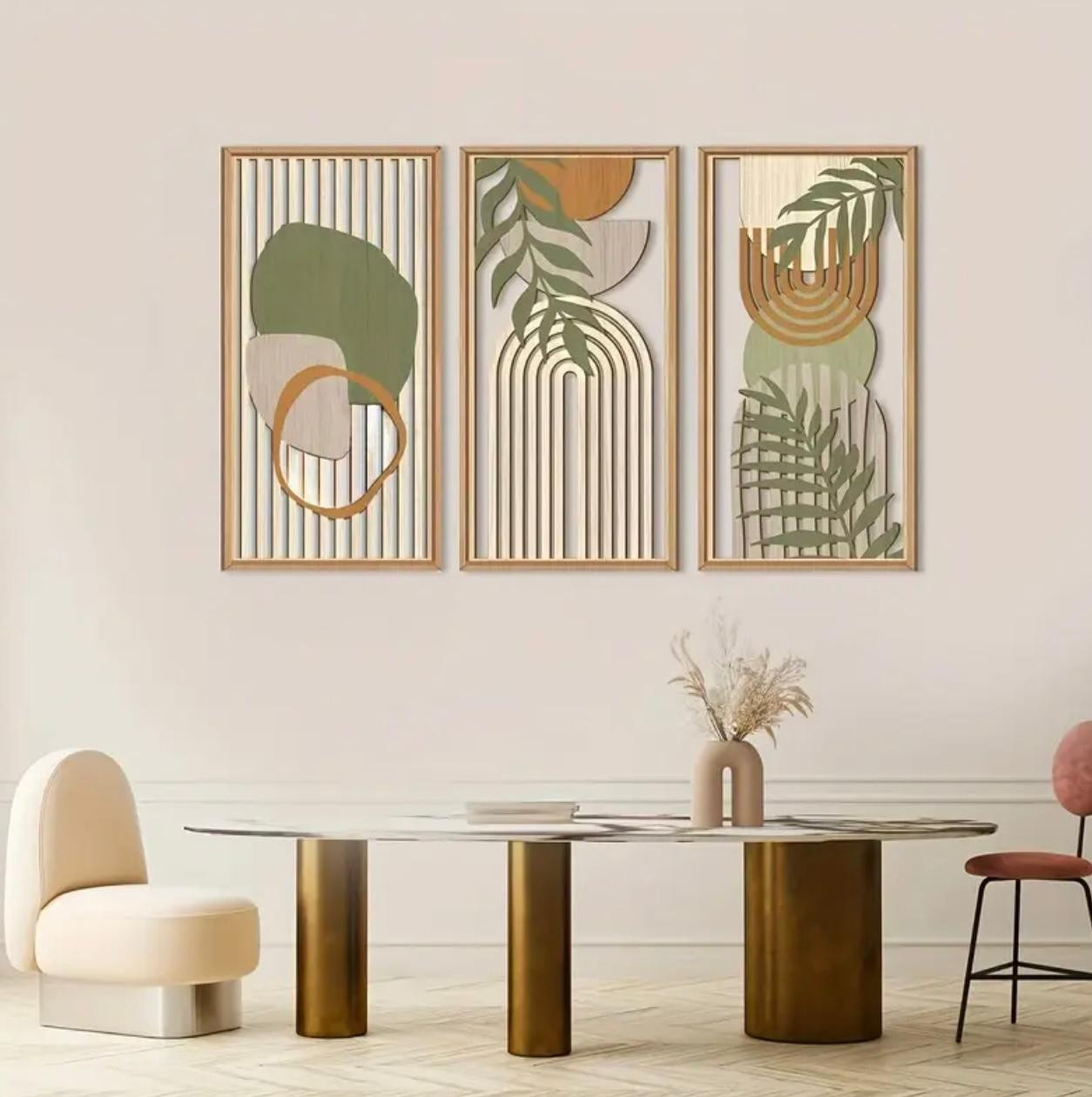 Art mural en bois géométrique abstrait encadré, ensemble d'art mural Boho de 3 - Image 1