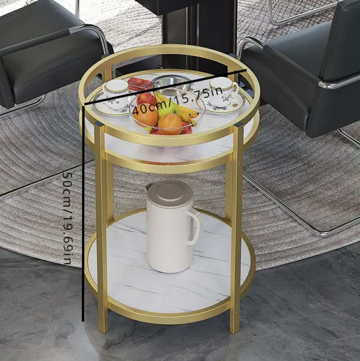 Table d'appoint ronde moderne à deux niveaux avec pieds dorés - Image 1