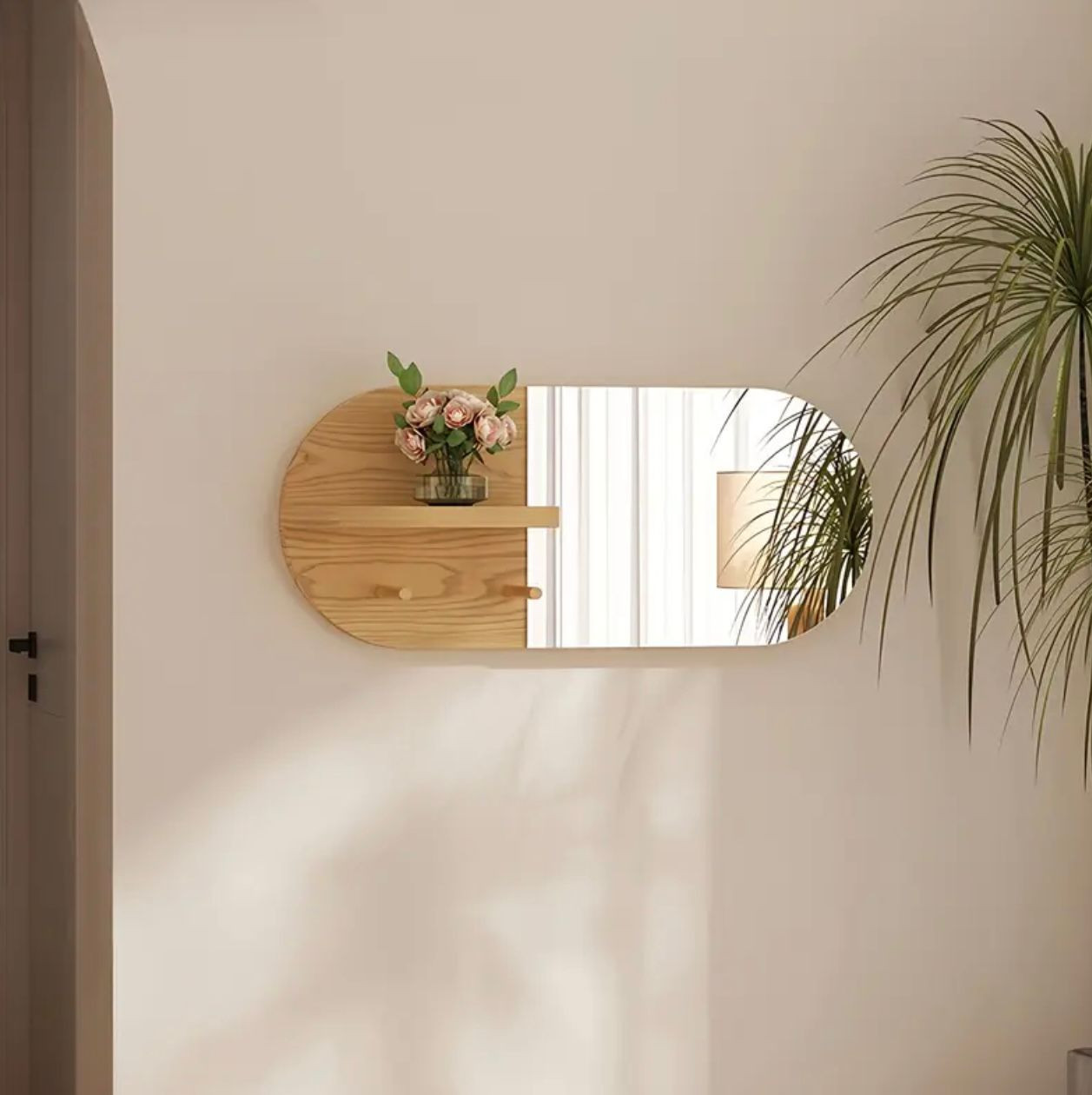 Miroir mural ovale côtier de style japonais - Cadre en bois bicolore, verre recyclé et finition polie, miroir décoratif mural horizontal peu encombrant