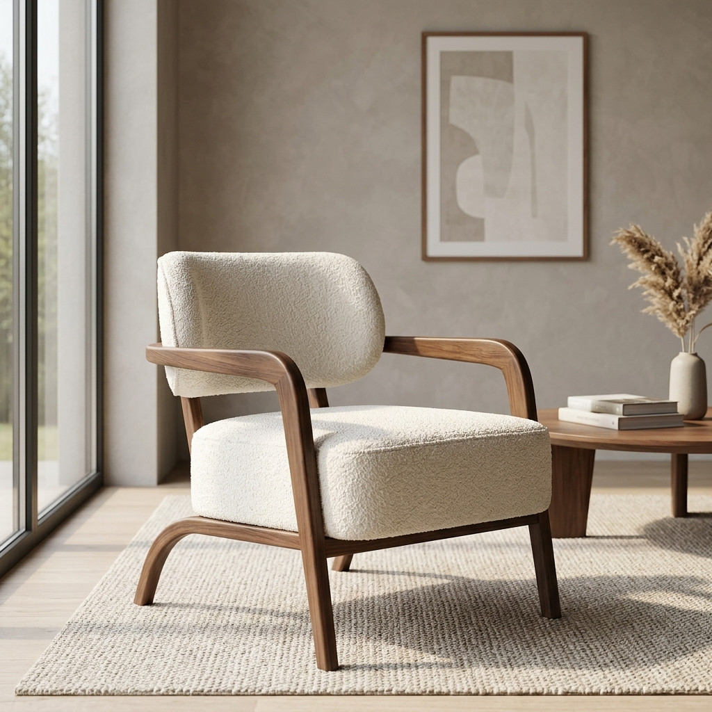 Fauteuil lounge en bois noyer et tissu blanc bouclé