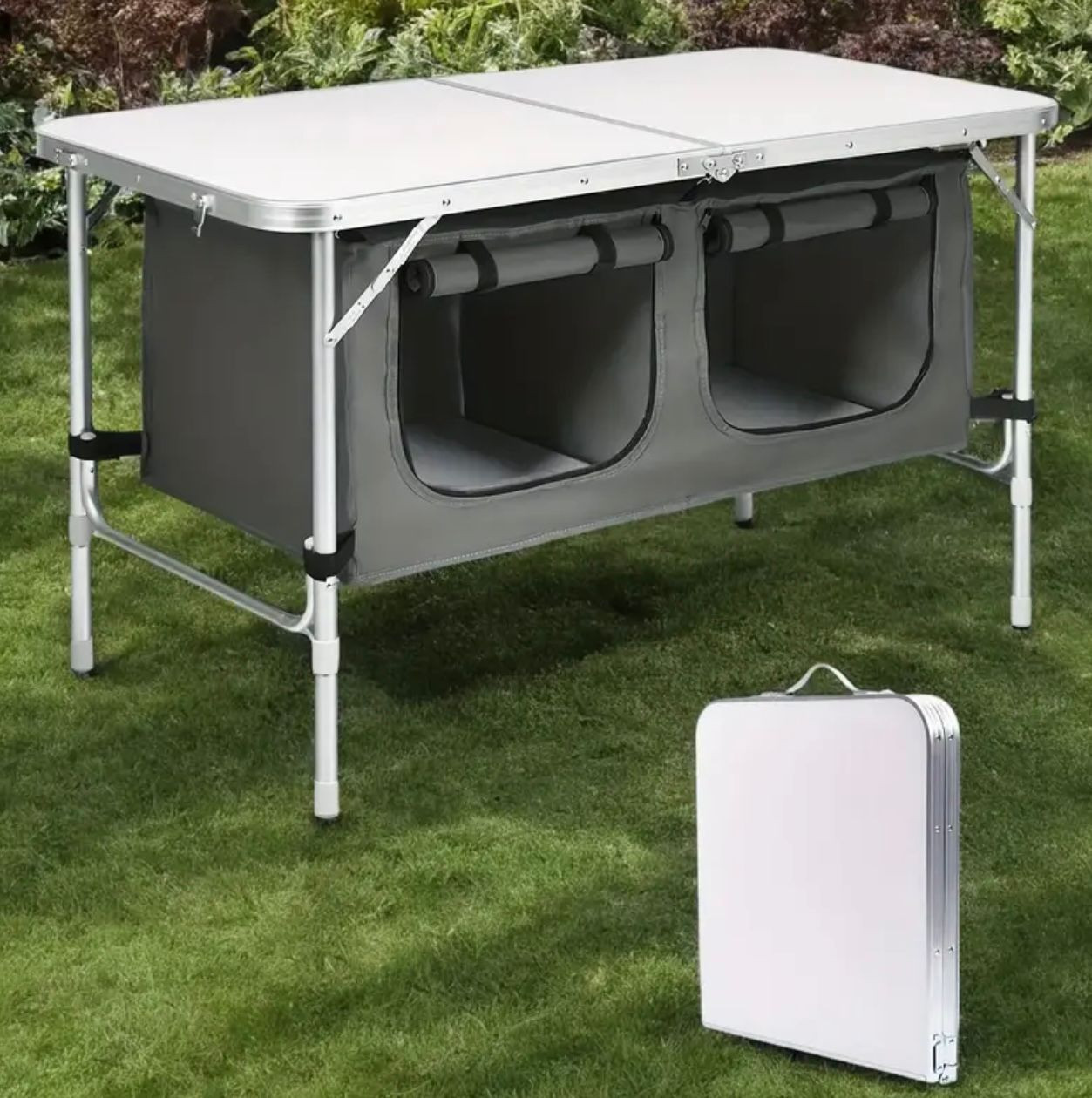 Table de camping pliante en aluminium robuste avec boîte de rangement - Table d'extérieur portable à hauteur réglable pour jardin