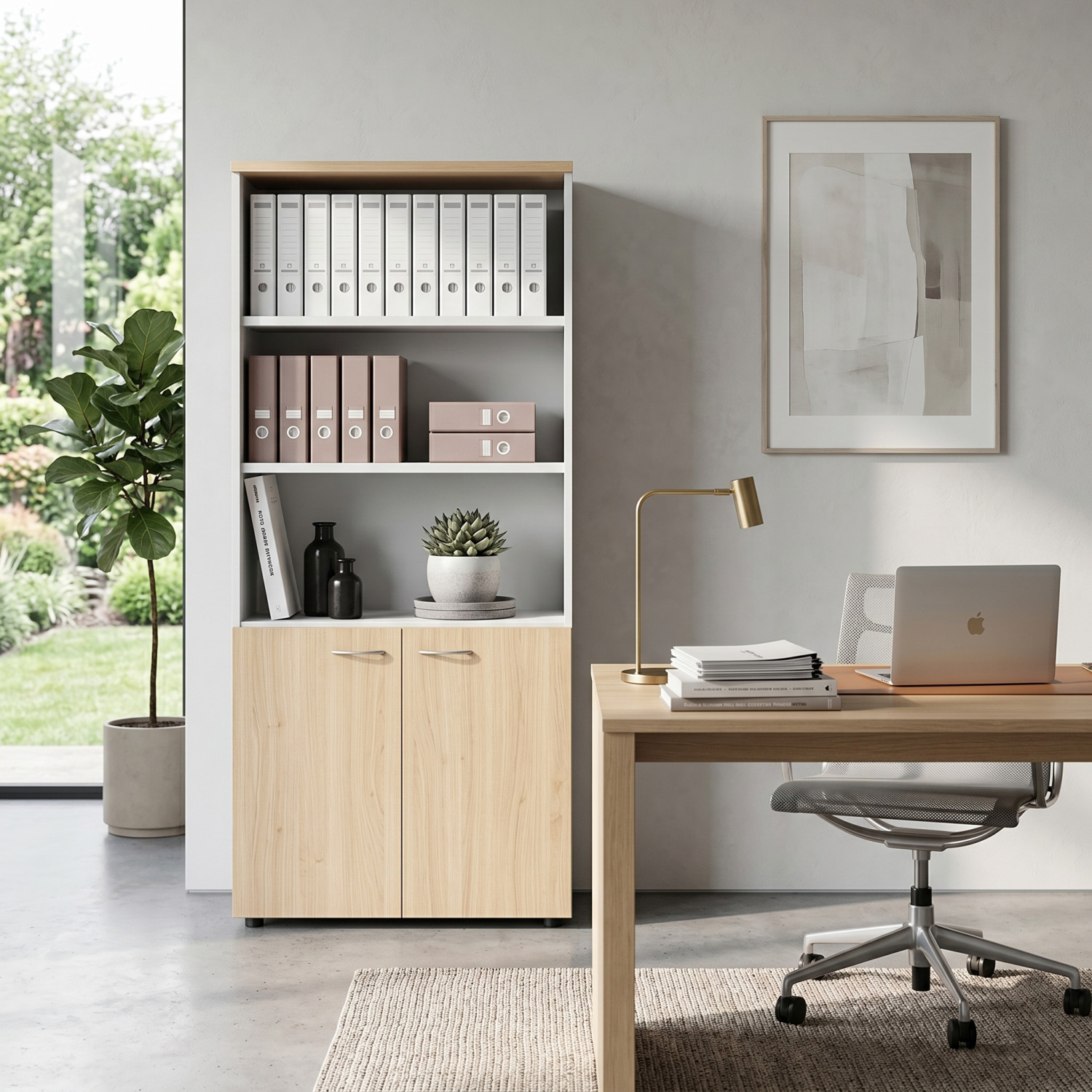 Bibliothèque de bureau – Rangement moderne avec portes et niches ouvertes