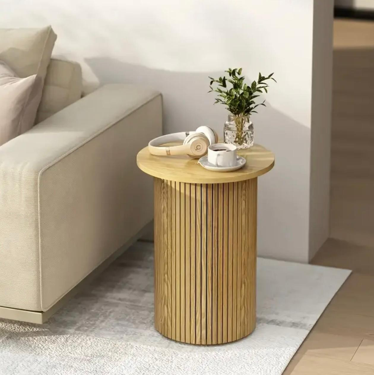 Table moderne à bord concave ronde 1pc avec placage de bois tendre et finition en bois naturel - Image 2