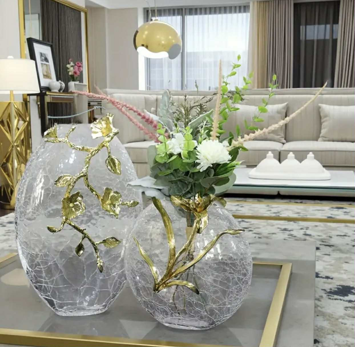 1pc Vase en Verre Craquelé Bohème avec Accents Métalliques Dorés - Vase Hydroponique Rond et Ovale