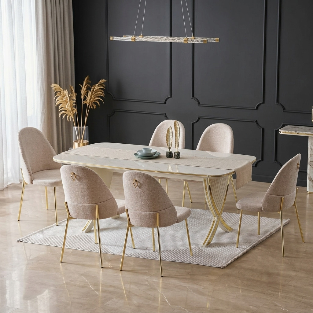 Table à Manger Luxe Marbre Blanc & Chaises Velours Gold