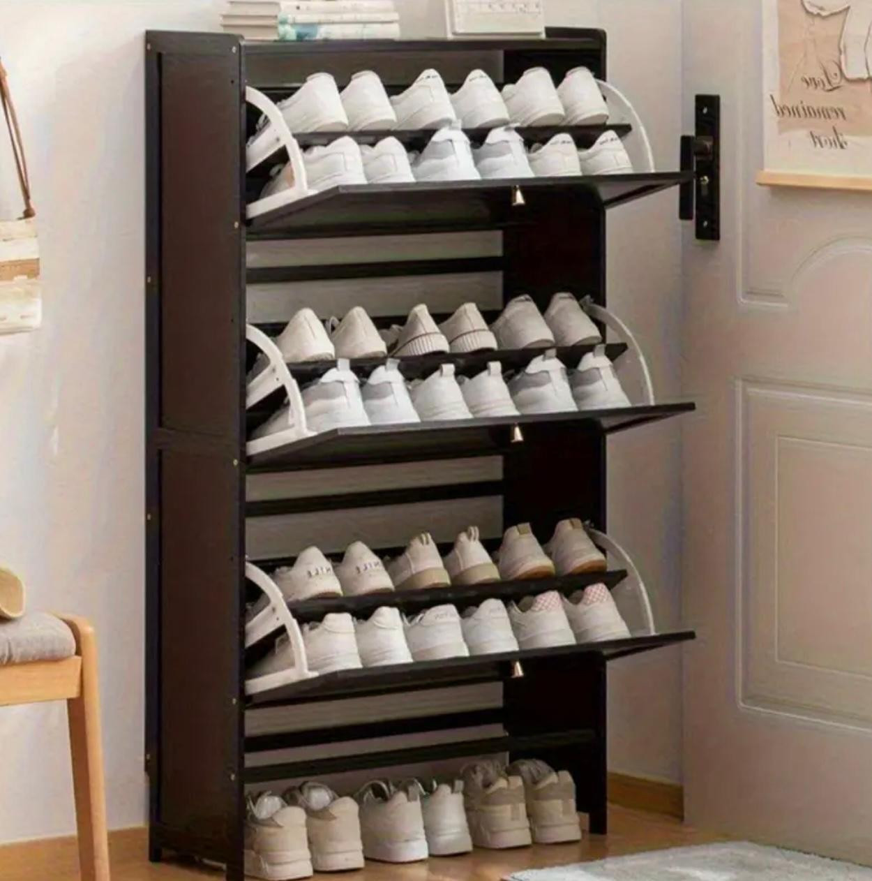 Armoire à chaussures noire à 2 niveaux avec 2 tiroirs rabattables, organisateur de rangement d'entrée contemporain étroit, dossier en bois de pin, assemblage facile - Image 3