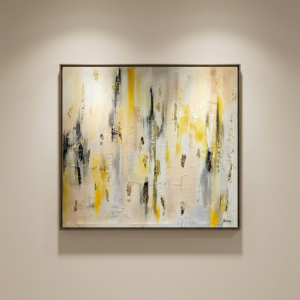 Tableau abstrait contemporain blanc, jaune et noir