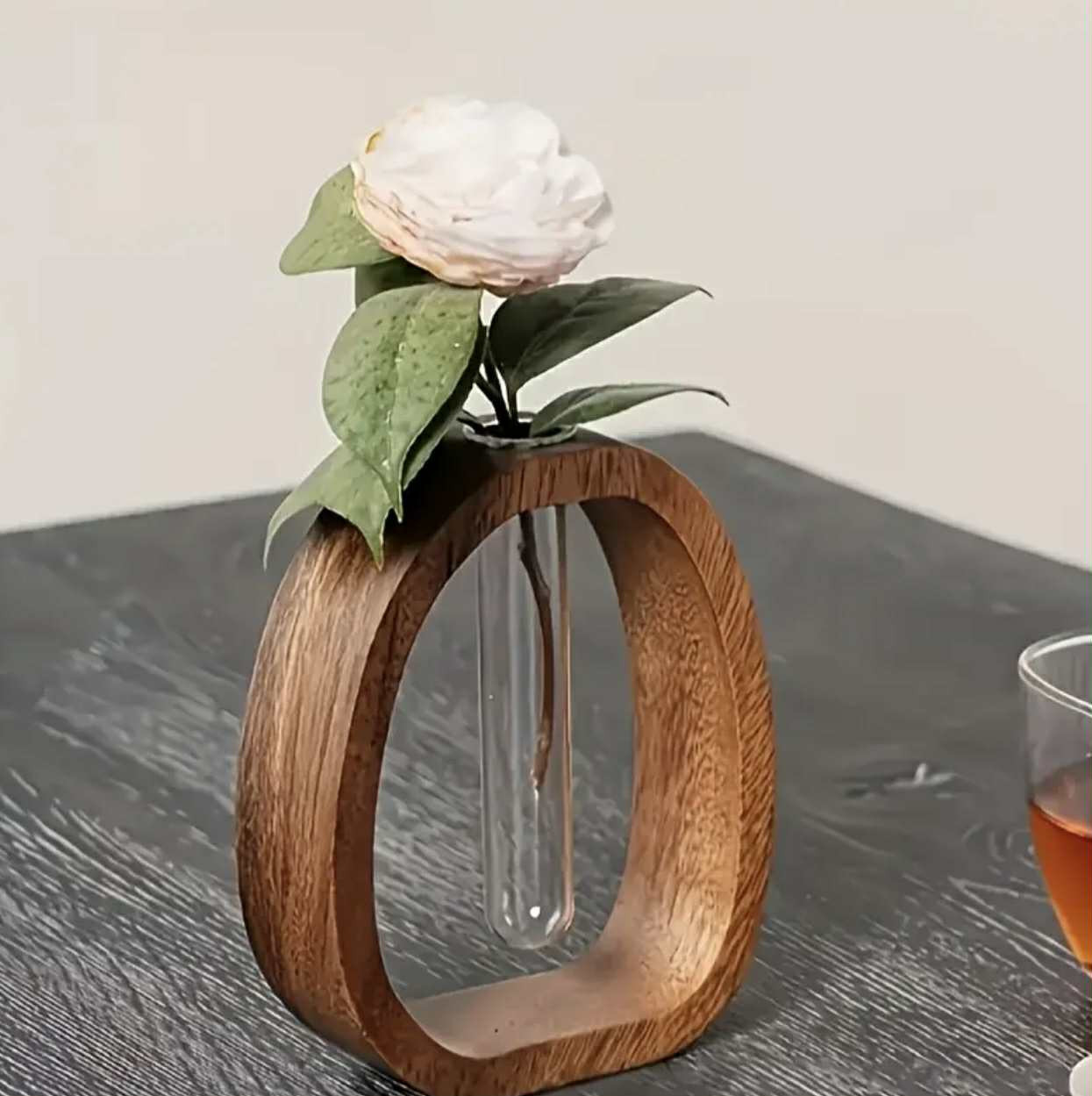 Vase Élégant en Bois de Noyer avec Tube en Verre - Conception Moderne et Minimaliste pour la Décoration