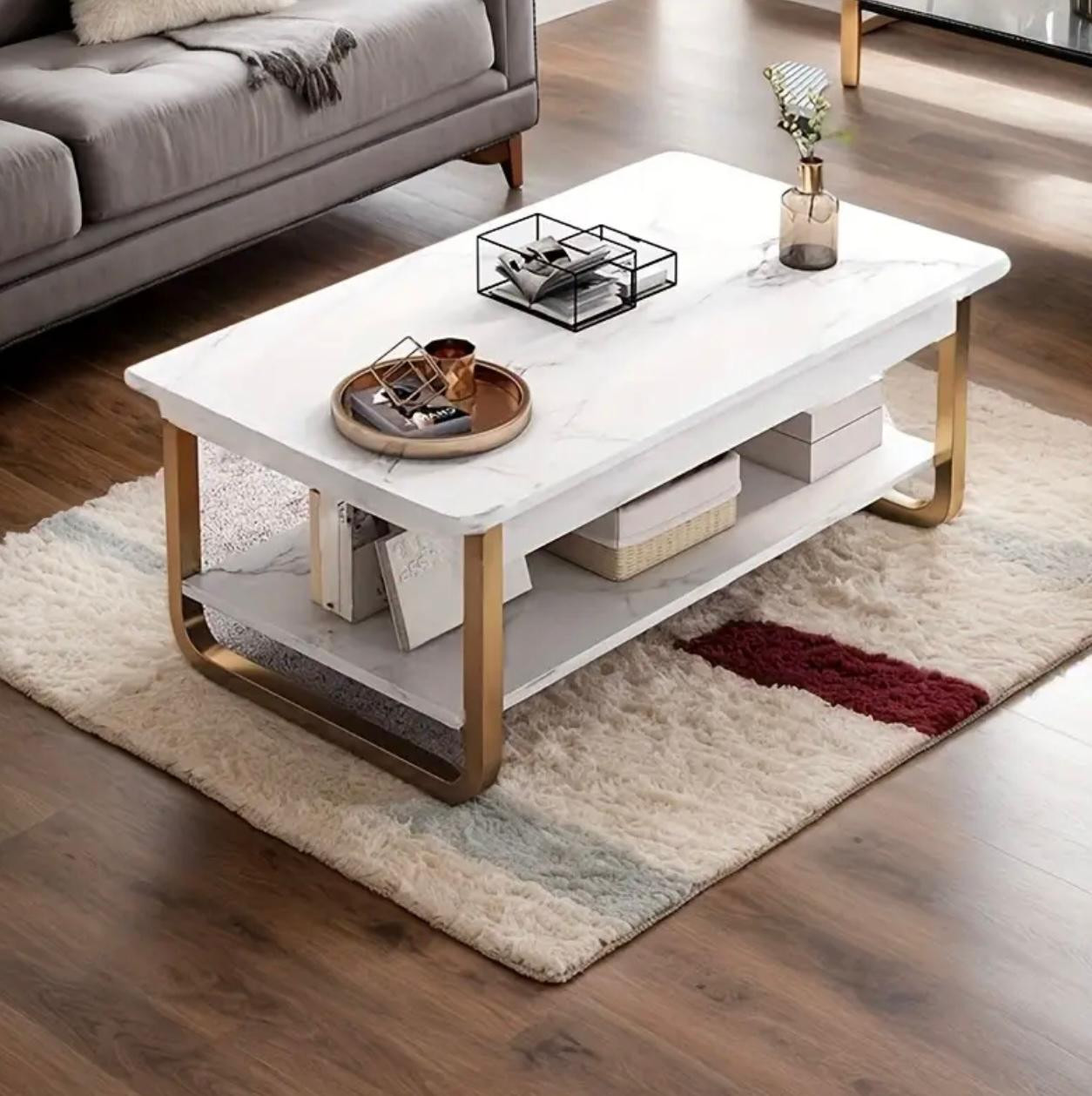 Table basse en marbre moderne - Design rectangulaire à 2 niveaux avec des accents dorés, plateau en marbre blanc et noir